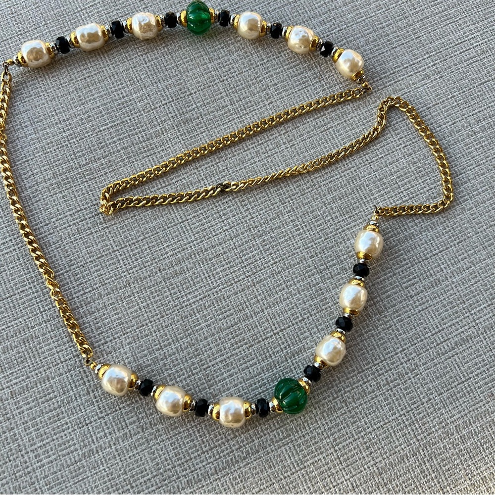 Faux Fresh Water Pearl Jade Onyx Gold Tone Necklace 34” Long